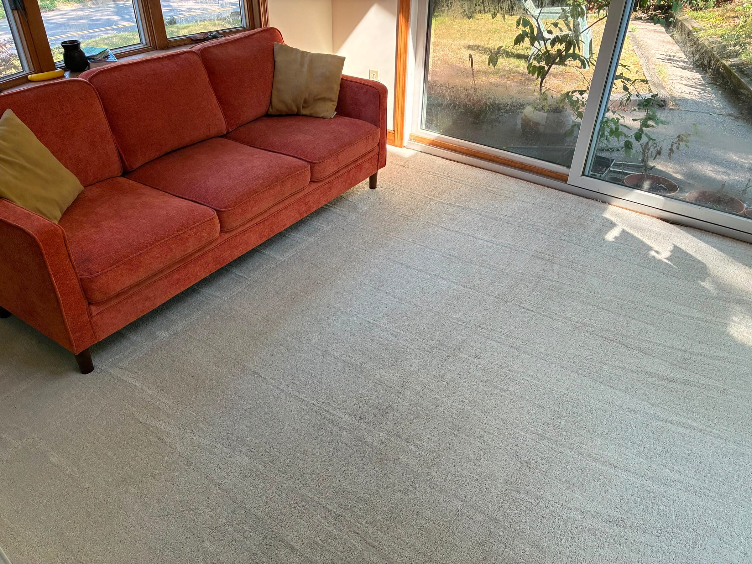 A living room carpet after a NovaSpark deep-clean, with visible clean extraction lines
