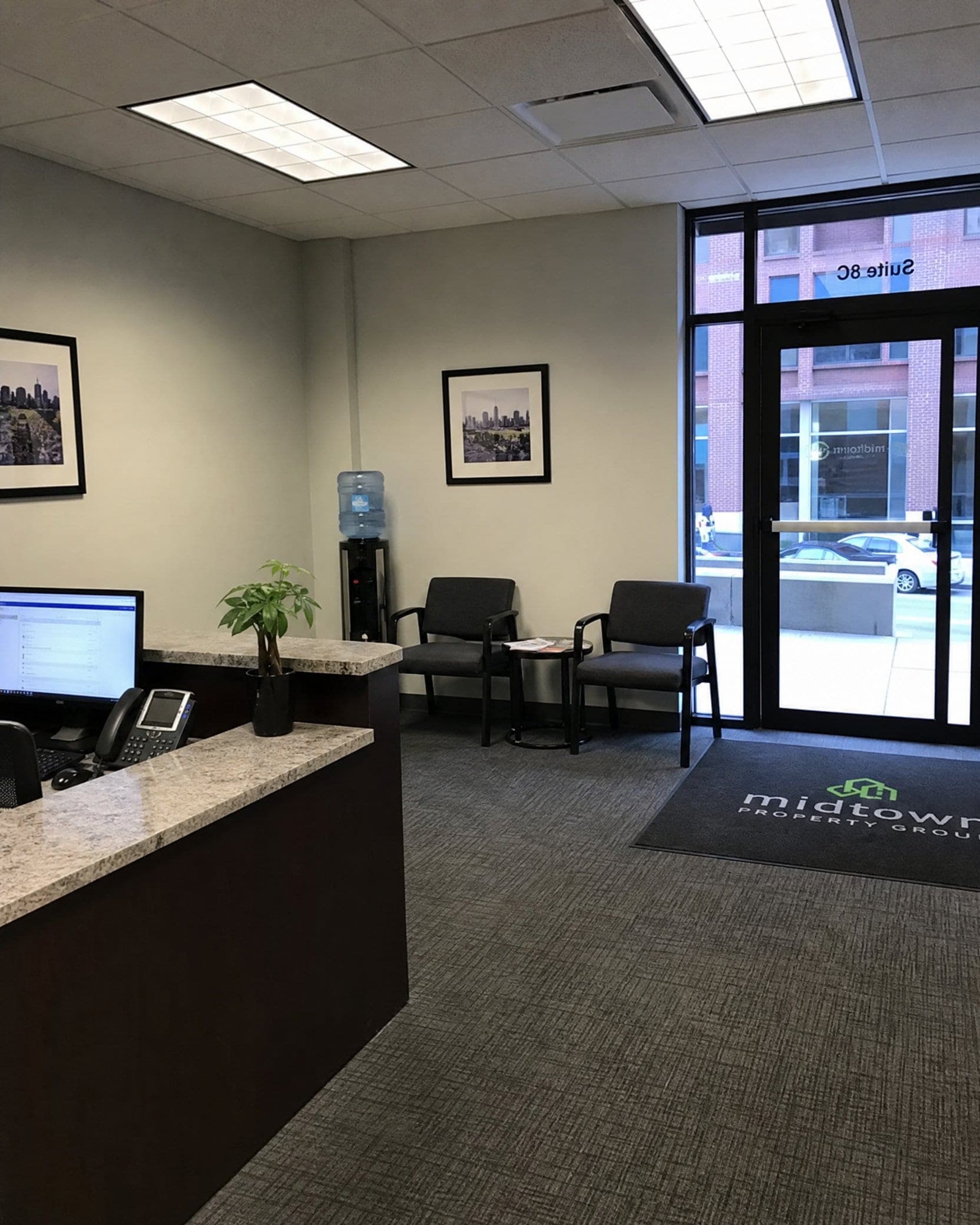 A clean, well-lit office lobby and waiting area after a NovaSpark commercial cleaning